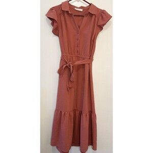 Lucky Brand Dusty Rose Button Front Midi Dress – Size M Boho Flowy Ruffle